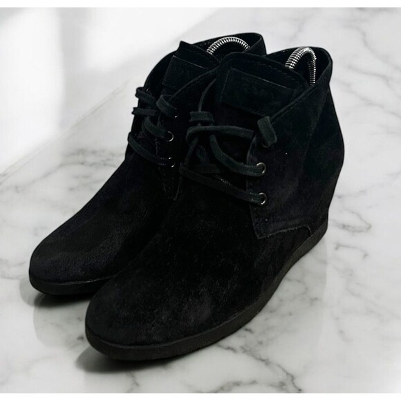 Prada Women's Black Suede Lace Up Ankle Hidden Heel Wedge Boots Size 37 - Picture 1 of 10